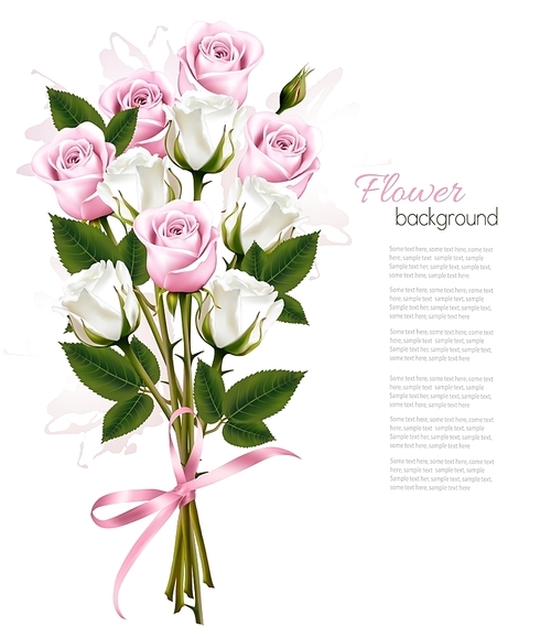 Beautiful bouquet of pink and white roses. Vector
