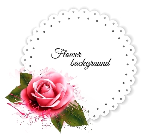 Holiday background with red pink flower and gift card. Vector.