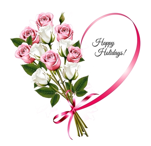 Happy Holidays ribbon heart shape with rose bouquet. Vector.