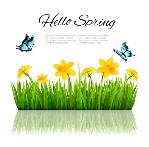 Spring nature background with green grass, flowers and a butterfly. Vector.