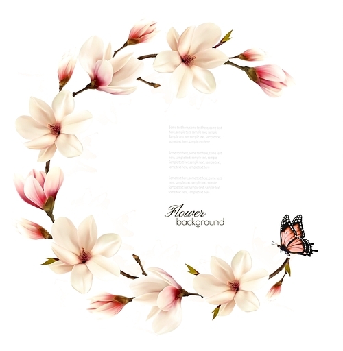 Nature background with blossom branch of white magnolia and butterfly. Vector