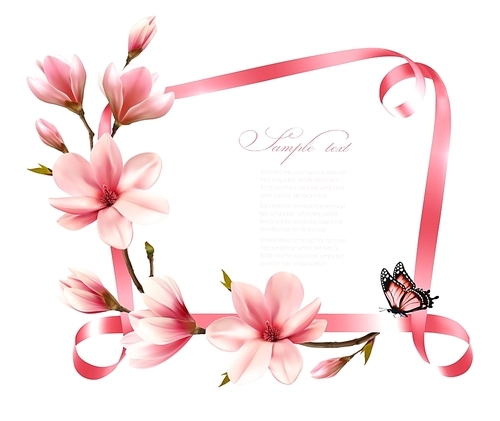 Nature background with blossom branch of pink magnolia and ribbon. Vector