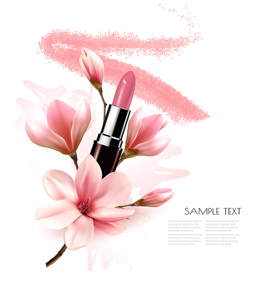Beautiful cosmetic background with lipstick and flowers. Vector