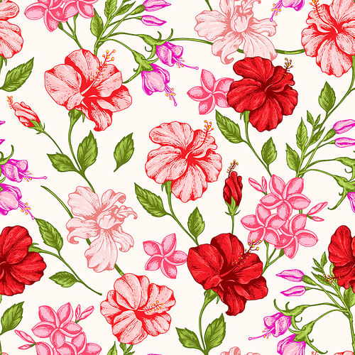 Tropical seamless pattern with red and pink flowers. Hand drawn vintage vector background.