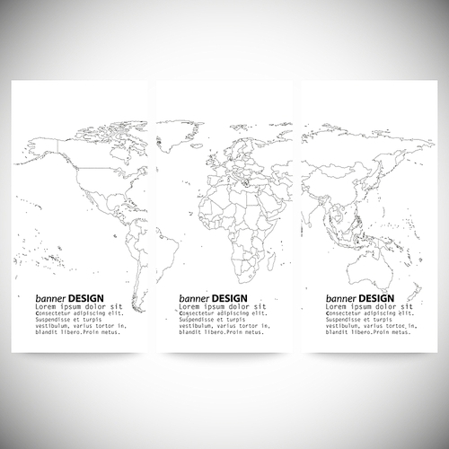 Set of vertical banners. Gray Political World Map Vector.