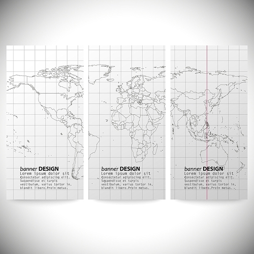 Set of vertical banners. Gray Political World Map Vector.