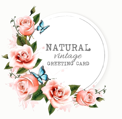 Natural vintage greeting card with roses. Vector.