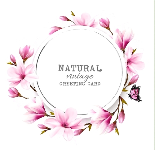 Natural vintage greeting card with pink magnolia. Vector.