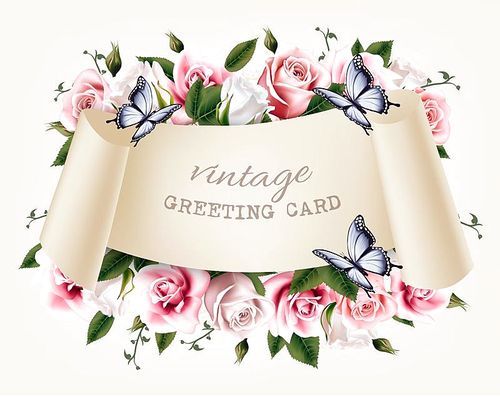 Natural vintage greeting frame with roses and butterfly. Vector.