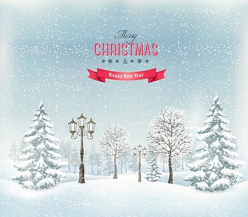 Christmas winter landscape with lampposts. Vector.