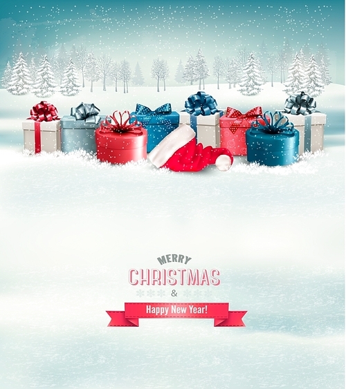 Holiday Christmas background with gift boxes. Vector.