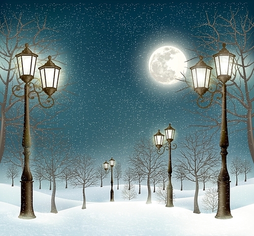 Christmas evening winter landscape with lampposts. Vector.
