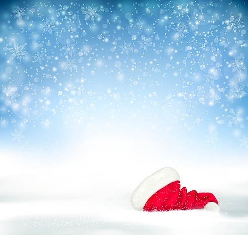 Blue Holiday Christmas background with santa hat, snow and snowflakes . Vector.