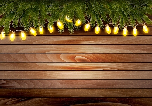 Christmas wooden background with branches and a garland. Vector