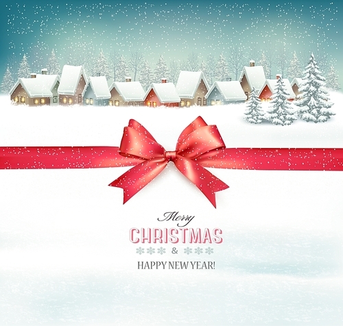 Holiday Christmas background with a village and a red gift ribbon. Vector.