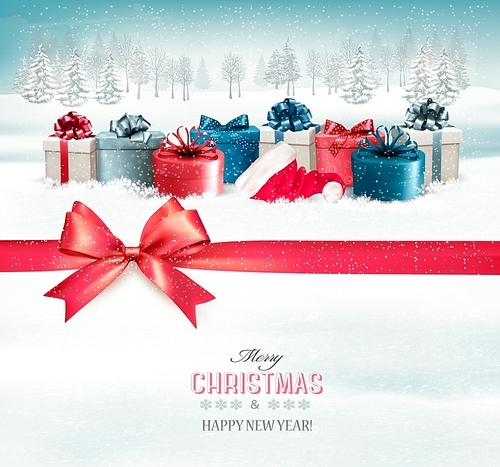 Holiday Christmas background with colorful gift boxes and a red gift ribbon. Vector.
