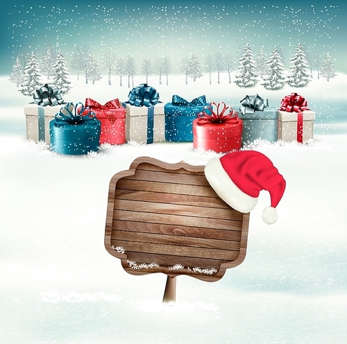 Winter background with gift boxes and a wooden ornate Merry christmas sign. Vector.