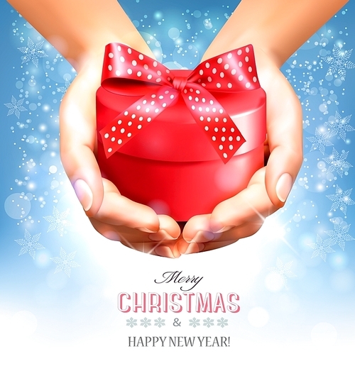 Holiday christmas background with hands holding gift box. Concept of giving presents. Vector