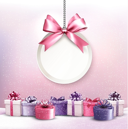 Merry Christmas card with a ribbon and gift boxes.