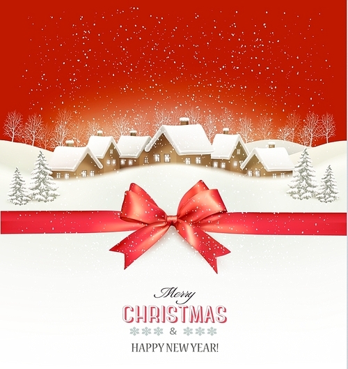 Holiday Christmas background with a village and a red gift ribbon. Vector.