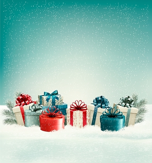 Christmas gift boxes in snow. Vector.