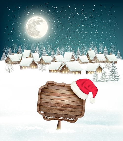 Winter holiday christmas background with a village, a sign and a santa hat. Vector