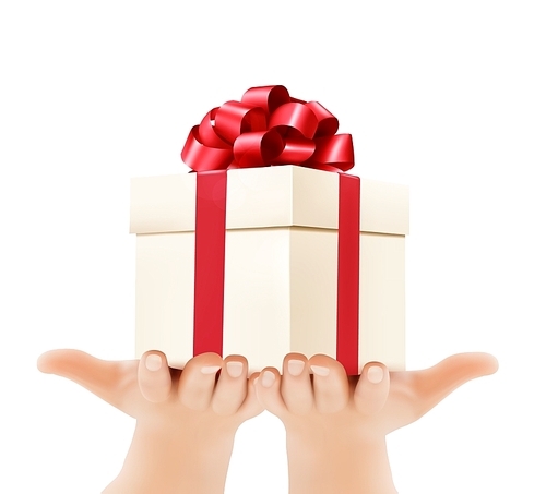 Holiday background with hands holding gift boxes. Concept of giving presents.