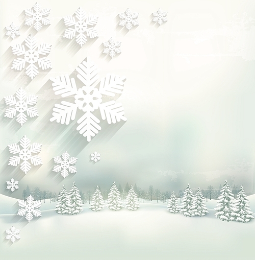 Beautiful winter background with a landscape and a snowflake design. Vector.