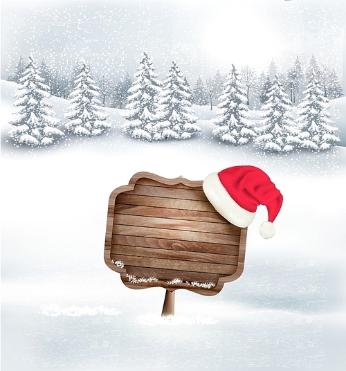 Winter christmas landscape with a wooden ornate sign and a santa hat background. Vector.