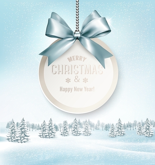 Merry Christmas card with a ribbon and winter landscape. Vector.