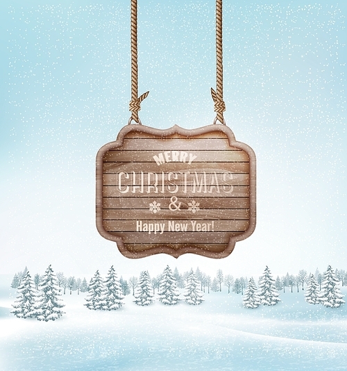 Winter landscape with a wooden ornate Merry christmas sign. Vector.