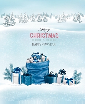 Christmas background with a winter landscape and blue sack full of presents. Vector.