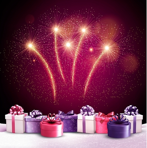 Beautiful festive background with fireworks and new year's presents. Vector.