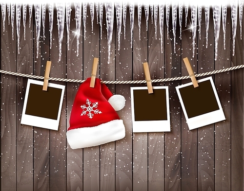 Christmas background with photos and a santa hat. Vector.