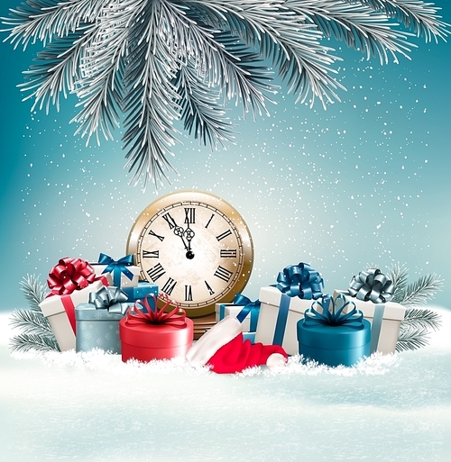 Winter background with presents and clock. Vector.