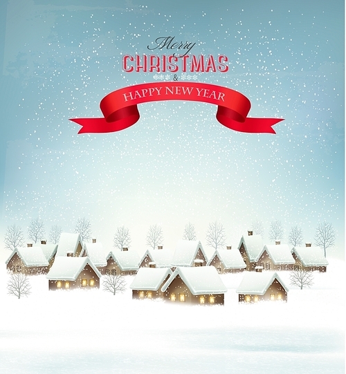 Holiday Christmas background with a village and a red gift ribbon