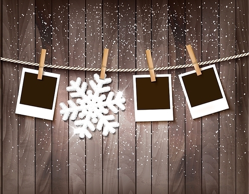 Christmas background with photos and a snowflake. Vector.