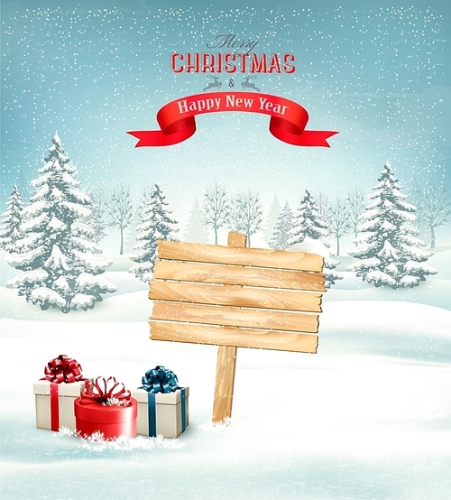 Winter christmas landscape with a wooden ornate sign background. Vector.