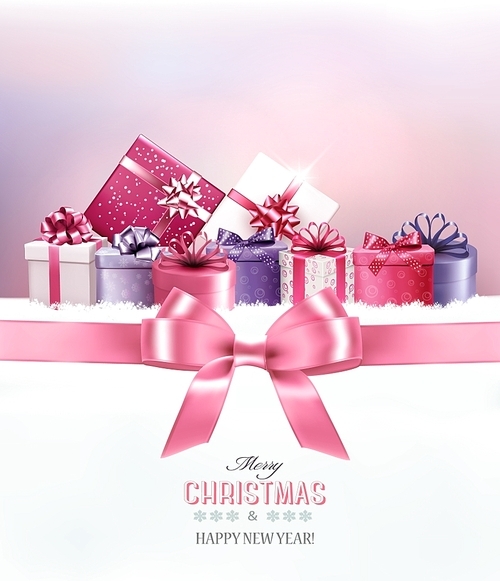 Merry Christmas card with a ribbon and gift boxes. Vector.