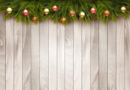 Christmas decoration on old wooden background. Vector