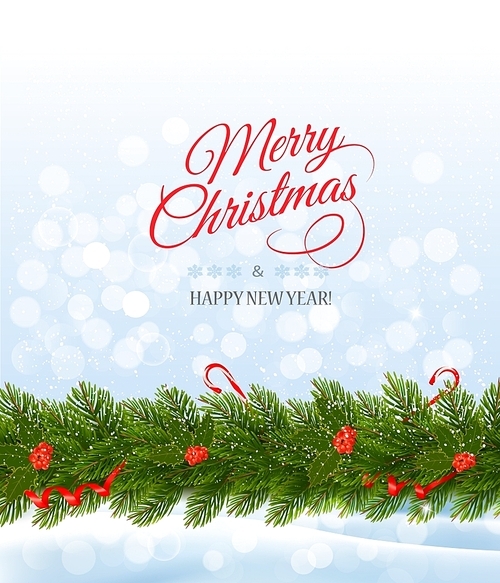 Merry Christmas card with a ribbon and christmas tree branch. Vector