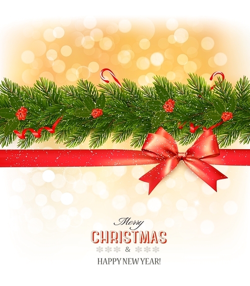 Merry Christmas card with a ribbon and christmas tree branch. Vector