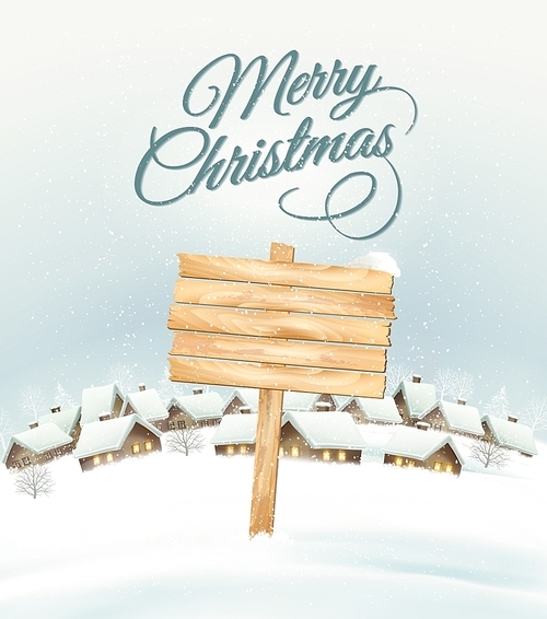 Winter Christmas landscape with a wooden ornate sign background. Vector.