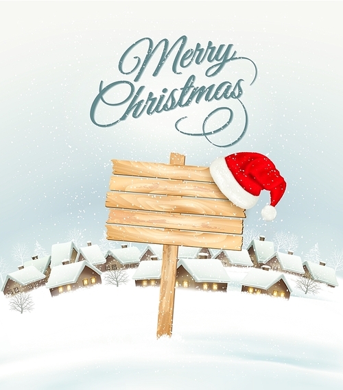 Winter Christmas landscape with a wooden ornate sign background and santa hat. Vector.