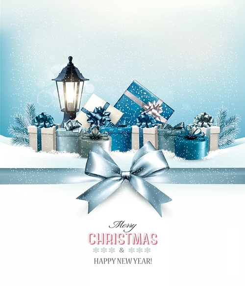Merry Christmas card with a ribbon and gift boxes. Vector.