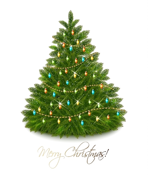 Beautiful Decorated Christmas Tree With Garland. Vector