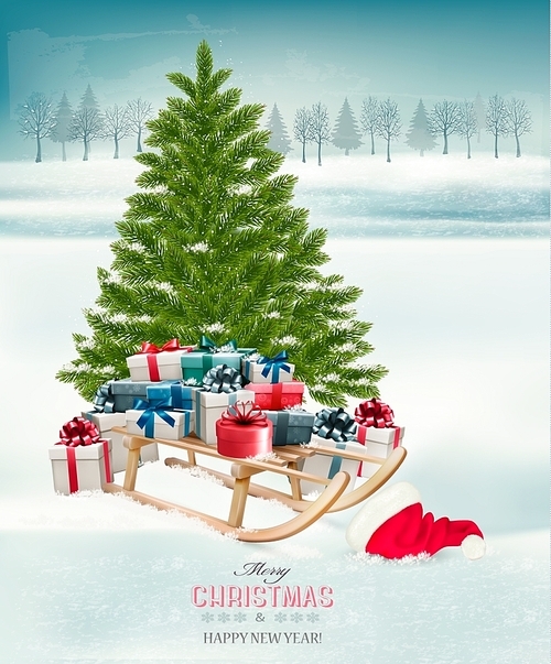 Christmas tree background with presents and a sleigh. Vector