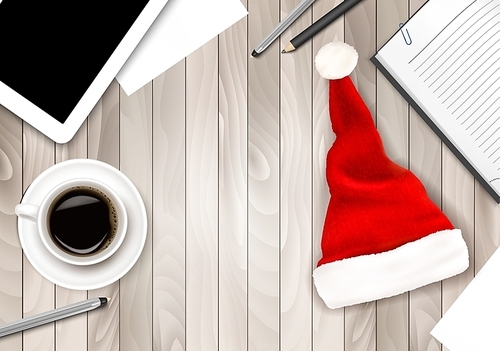 Office Background with Santa Hat, Tablet and Office Supplies. Business Concept. Vector.