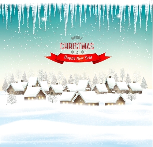 Holiday Christmas background with a village. Vector.