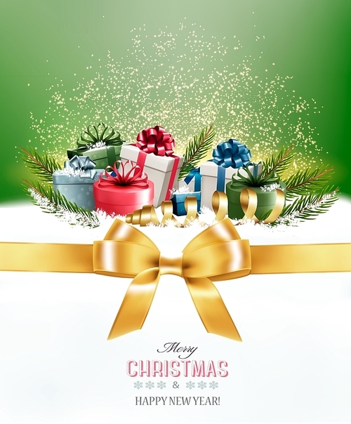 Holiday Christmas background with colorful gift boxes and a gold gift ribbon. Vector